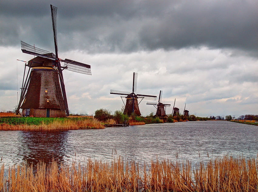 Städte, Flüsse, Wolken, Wind, Mühle, Mühlen, Windkraftanlagen HD-Hintergrundbild