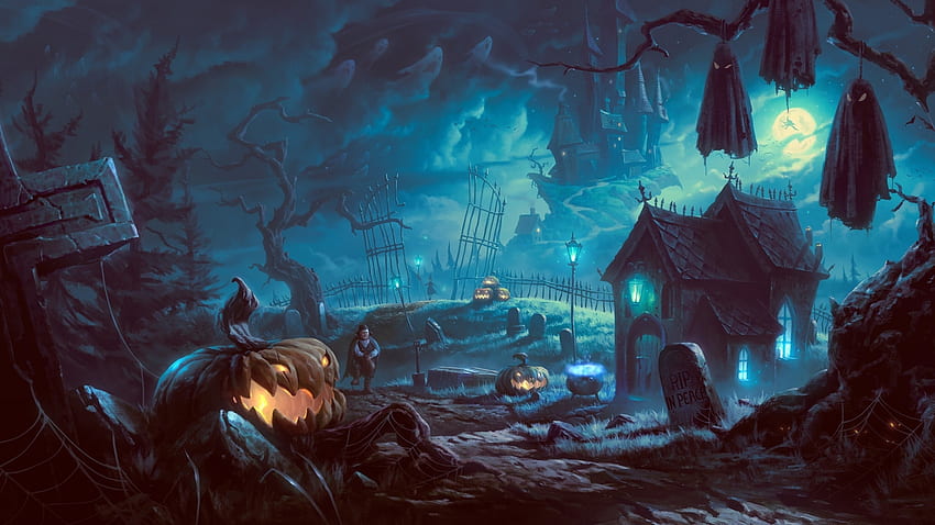 Halloween, cmentarz, dynie, wampir, opuszczony - tło systemu Windows 10 Halloween, nawiedzony cmentarz Tapeta HD