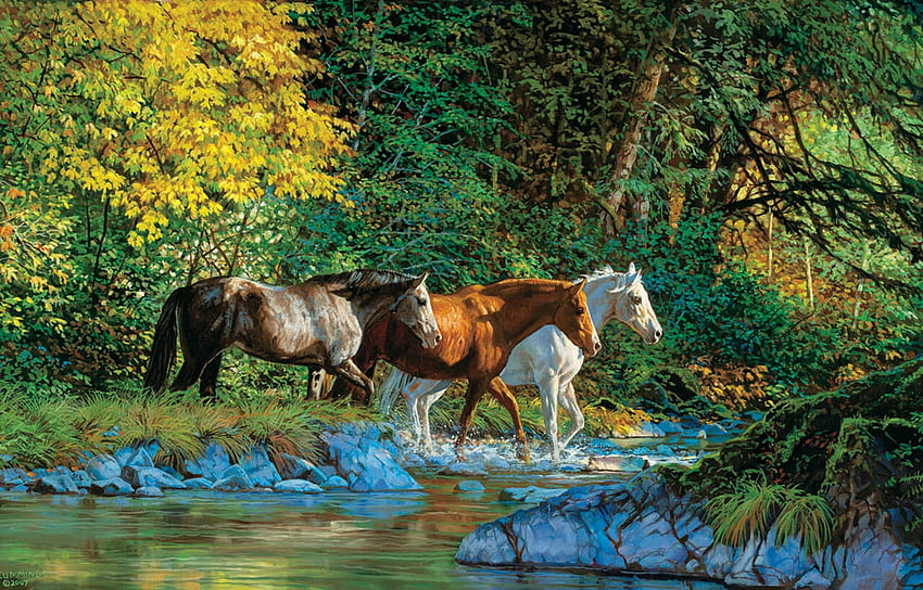 Traverser la rivière, animal, rivière, cheval, peinture, art, pictura, cal, eau Fond d'écran HD