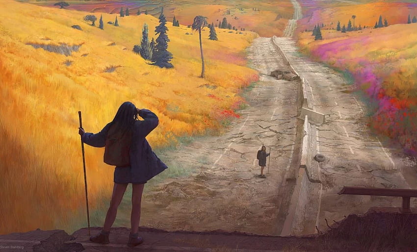 Original art girl landscapes mood travel adventure roads HD wallpaper