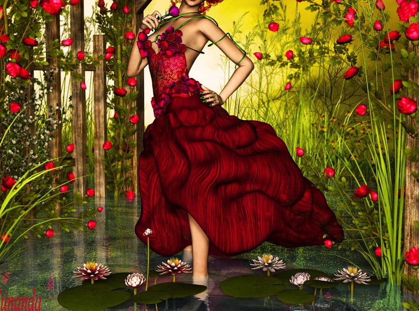 **Scent of Red Rosali**, grasses, plants, colors, reflections, fence, bright, trees, female, sweet, rosali, eyes, 3D art, leaves, pretty, face, leaf, scent, lilies, hair, lovely, colorful, cute, digital art, red dress, dress, fragrance, beauty, lips, water, pond, roses, garden, beautiful, characters, insects, red, love, flowers, redhead, lotus HD wallpaper
