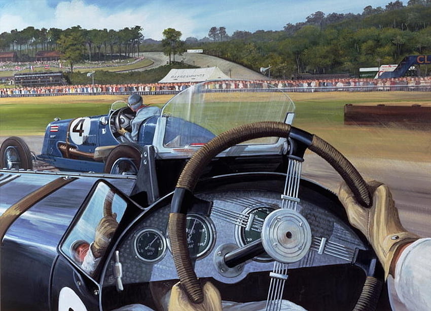 Overtaking at Brooklands, brooklands, racing, painting, cars, tracks HD wallpaper