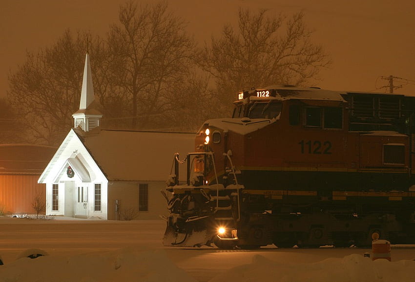 Време за молитва, нощ, влак, църква, сняг HD тапет