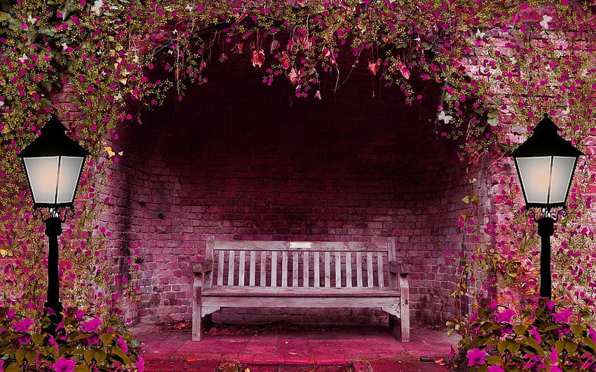Frühling, Garten, Blumen, Bogen, Bank, Lichter, Rosa, Lampen, Backstein / und mobiler Hintergrund HD-Hintergrundbild
