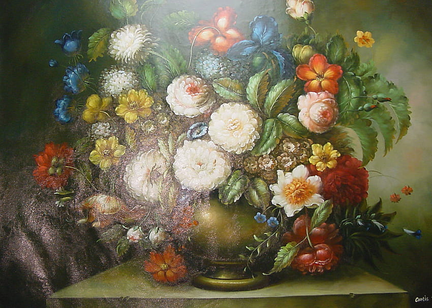 Mangkuk Besar Keindahan, meja, kuningan, menyenangkan, bunga, warna, variasi, pengaturan, taman, musim panas, cantik, bunga-bunga Wallpaper HD