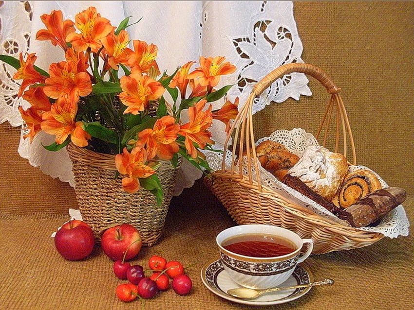 Still Life, ora del tè, tè, frutti di bosco, frutti, deliziosi, arancio, Nizza, basket, grazioso, yummy, fiori, incantevole Sfondo HD