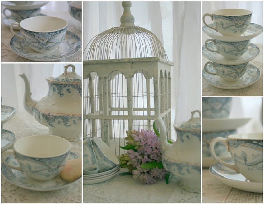 Teezeit - Collage, Stillleben, abstrakt, Teezeit, Vogelkäfig, Collage HD-Hintergrundbild