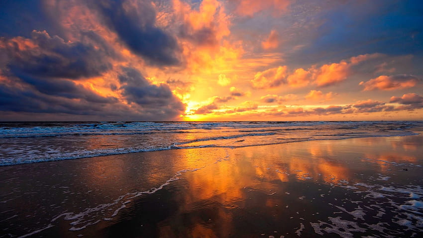Sunset, Sky, Sea, Clouds, Sand, Wet, Sunrise HD wallpaper
