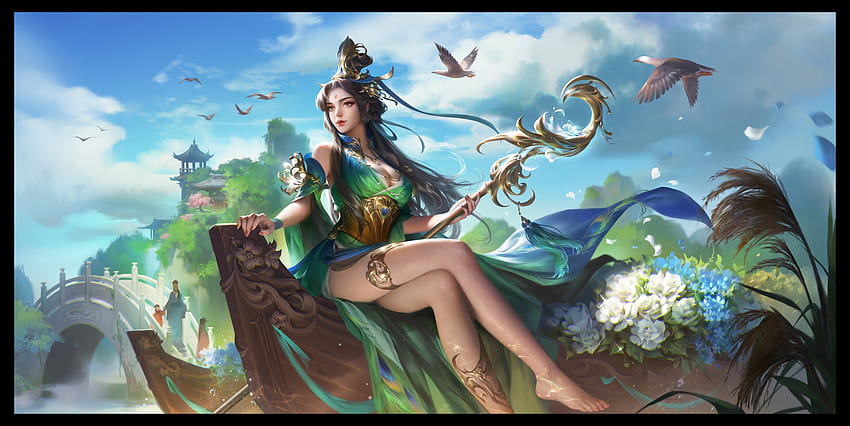 Fantasy girl, superb, blue, frumusete, fantasy, green, gorgeous, girl, yuanyuan wang HD wallpaper