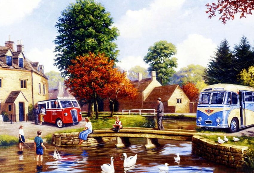 The CotsWolds, river, car, people, england, artwork, painting, cottages, bridge, trees, bus, geese HD wallpaper