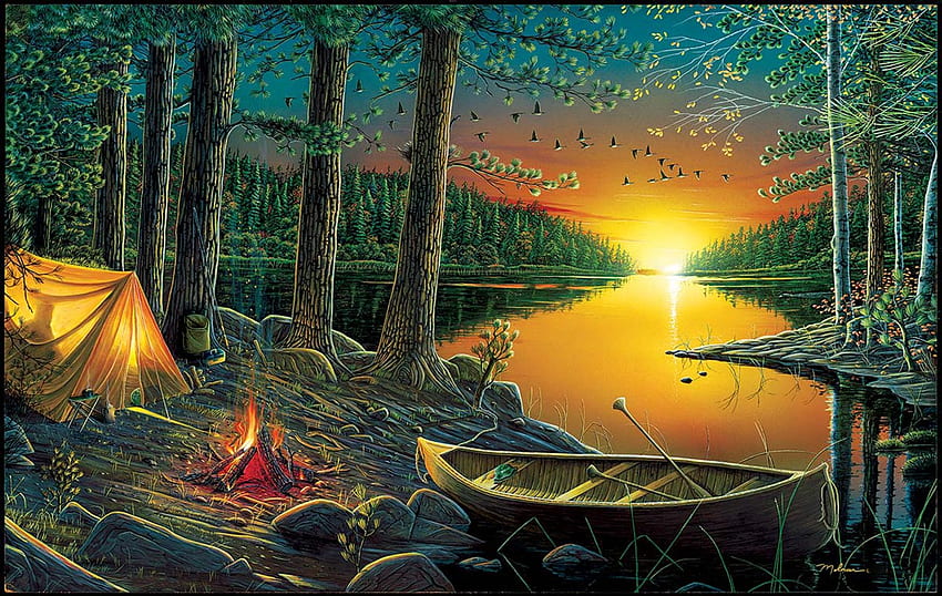 Evening by the Lake, sunset, artwork, boat, painting, trees, tent, campfire HD wallpaper