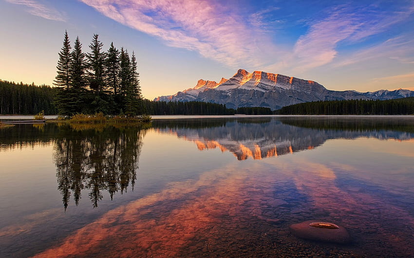 Banff National Park, Canada, Jack Lake, forest, Summer Lake Sunset HD wallpaper