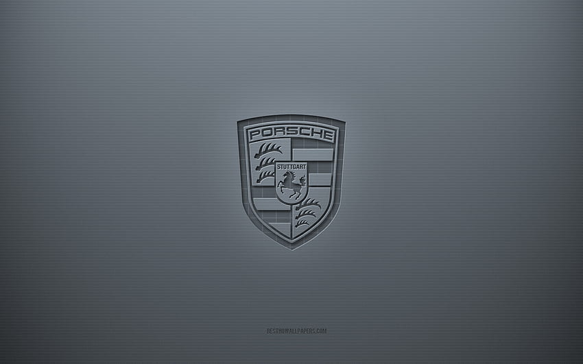 Porsche-Logo, grauer kreativer Hintergrund, Porsche-Emblem, graue Papierstruktur, Porsche, grauer Hintergrund, Porsche-3D-Logo HD-Hintergrundbild