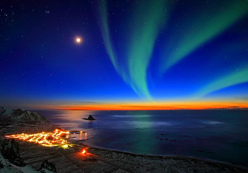 Norvège Coucher de soleil, mer, lumières, nuages, nature, norvège, coucher de soleil, océan, plage Fond d'écran HD