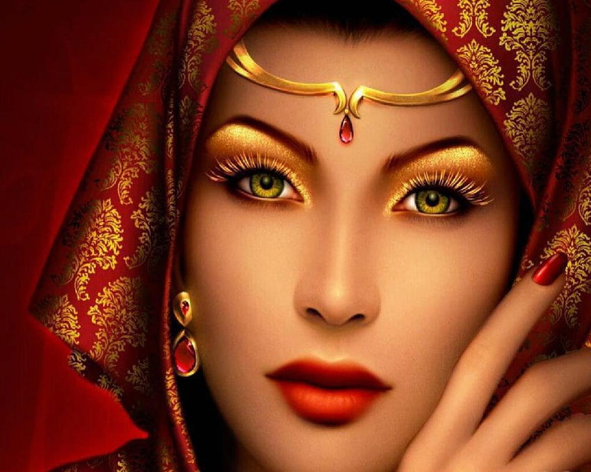 Beautiful Face, red lips, red, green eyes, gold, woman HD wallpaper