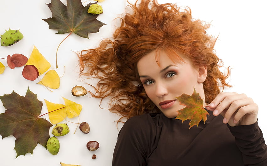 Hello Autumn, beautiful woman, eyes, cute, lady, leaves, make up, yellow, face, autumn, stare, hair, lovely HD wallpaper
