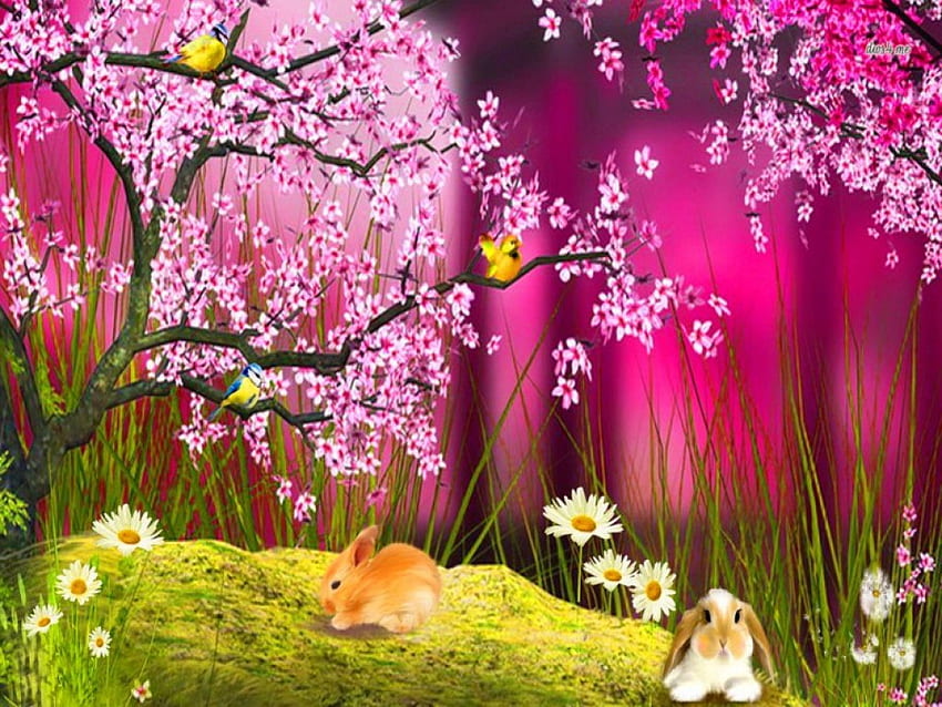 Spring bunnies, bunnies, birds, trees, flowers, spring HD wallpaper