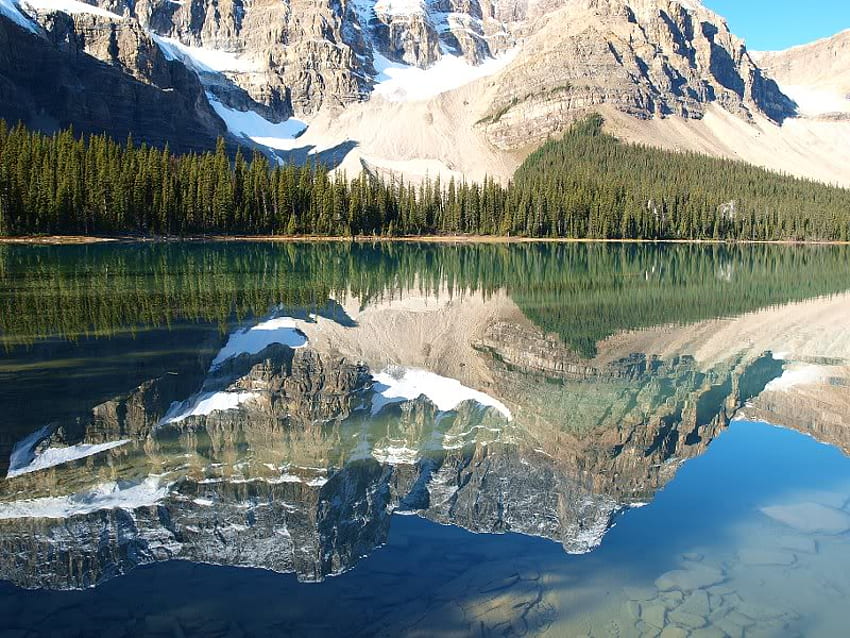 山のボウ湖の反射クロウフット、木々、空、湖、山 高画質の壁紙