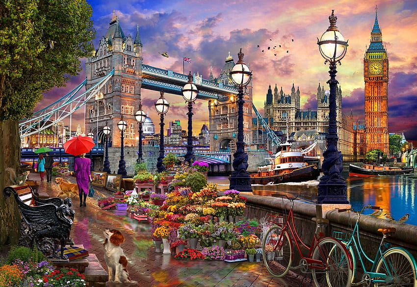 London Promenade, zachód słońca, Tamiza, Westminster, pies, rzeka, sztuka, lampy, ludzie, statki, cyfrowy, rowery, wieża, most, kwiaty Tapeta HD