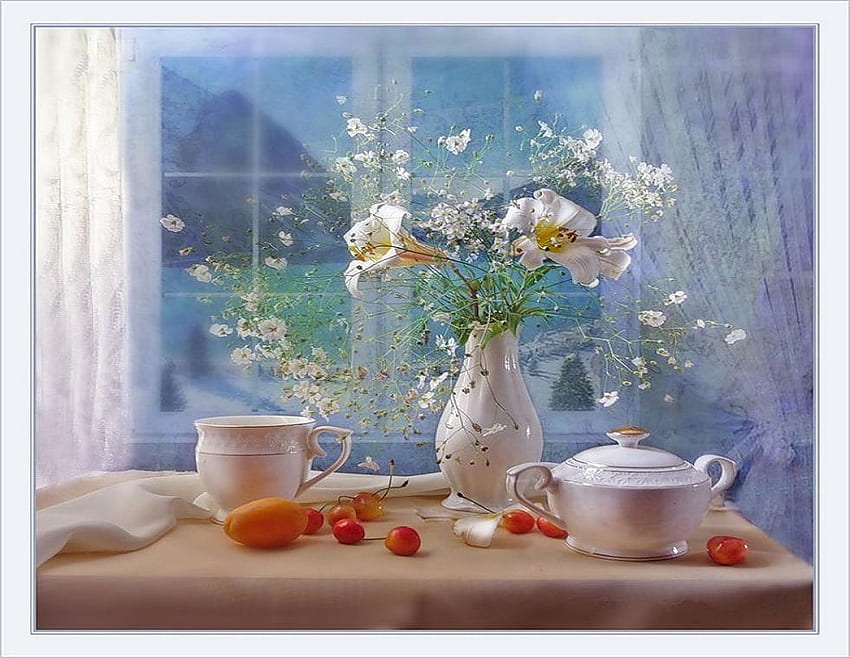 Pleasant afternoon, blue, petals, fruit, beautiful, flowers, dreamy HD wallpaper