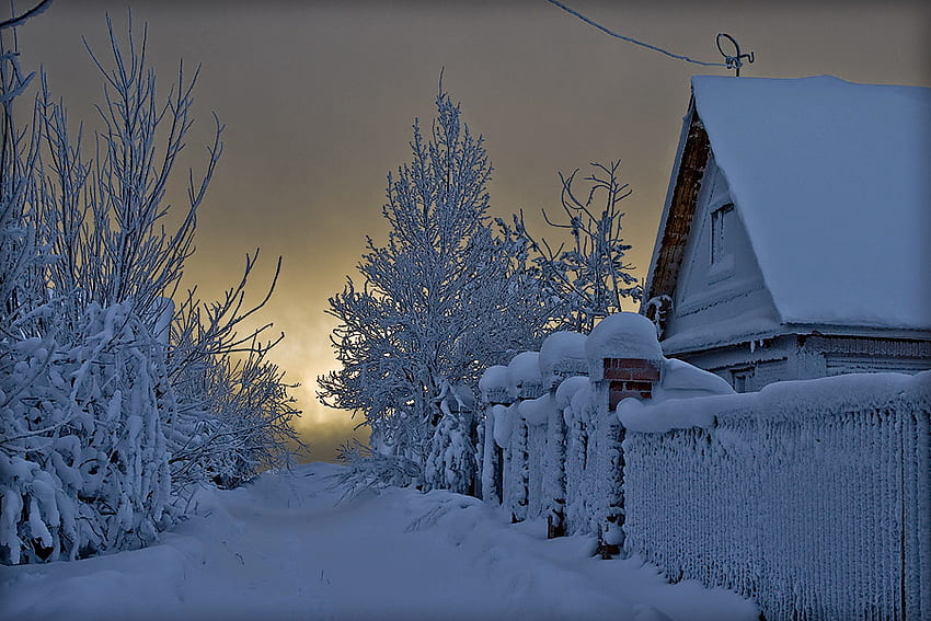 sunsets christmas, white, snow, christmas, house, landscape, trees, nature, sunset HD wallpaper