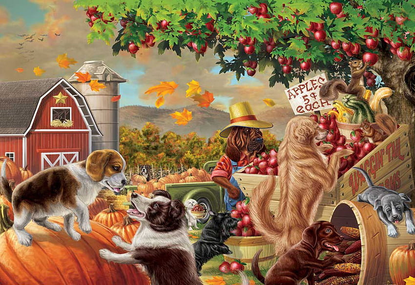 Harvest Market, maçãs, celeiro, abóboras, pintura, cachorros, chapéu papel de parede HD