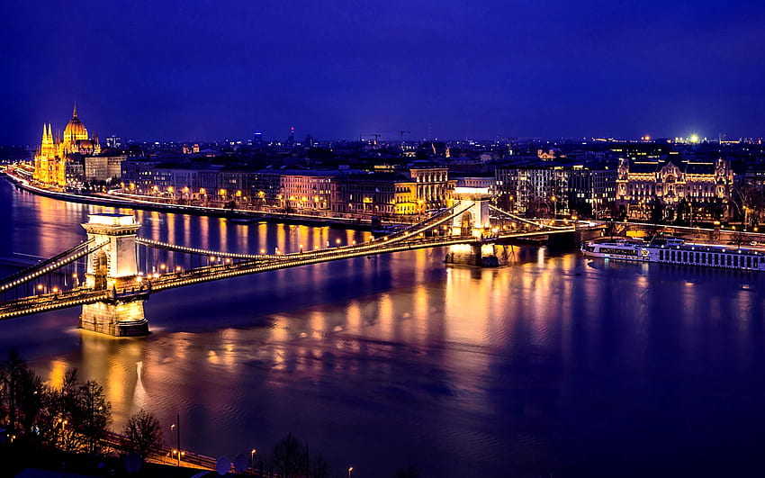 Ponte do Rio Danúbio, rio, arquitetura, grafia, linda, Hungria, cenário, tela larga, Budapeste, ponte, água, Danúbio papel de parede HD