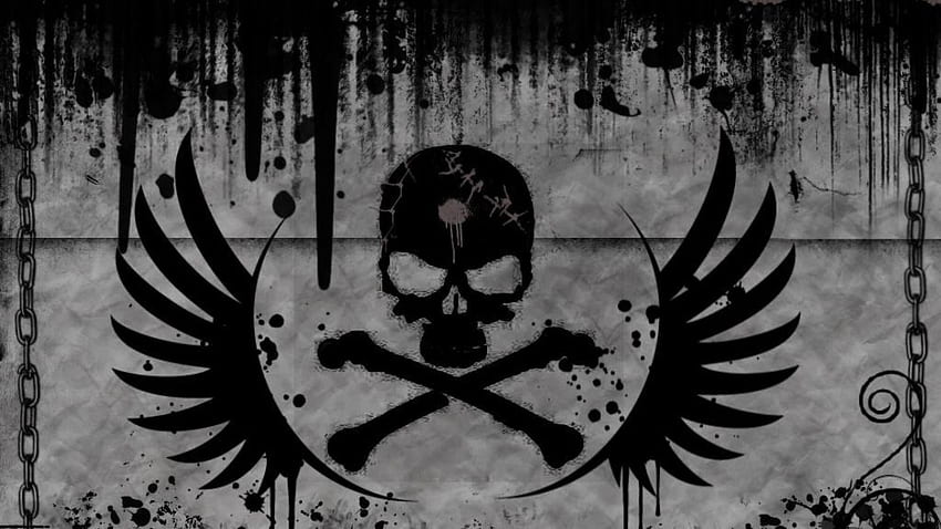 Черно и сиво лого с череп и крило, графити, череп HD тапет