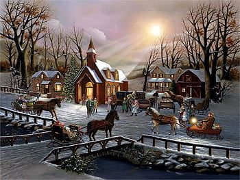 Old Fashioned Christmas, winter, artwork, horses, sleigh, painting ...