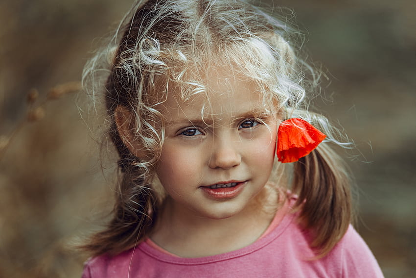 Gadis kecil, pirang, gadis, copil, kecil, pink, poppy, bunga, merah, wajah, anak Wallpaper HD