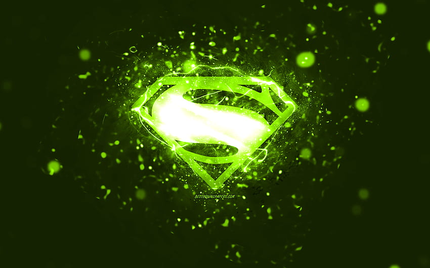 Superman lime logo, , lime neon lights, creative, lime abstract background, Superman logo, superheroes, Superman HD wallpaper