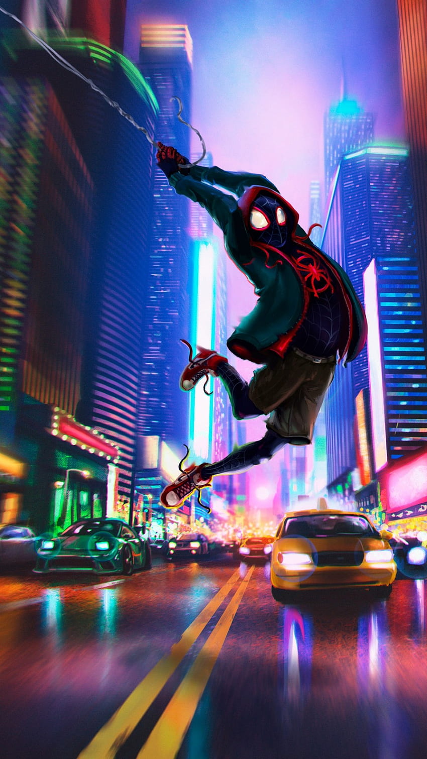 Spider Man: Into The Spider Verse, New York, Urban, Night, Vehicles, Animation, Artwork For IPhone 8, IPhone 7 Plus, IPhone 6+, Sony Xperia Z, HTC One, Spiderman Upside Down วอลล์เปเปอร์โทรศัพท์ HD