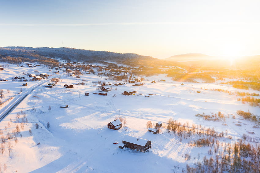 Inverno, natura, neve, vista dall'alto, villaggio, luce del sole Sfondo HD