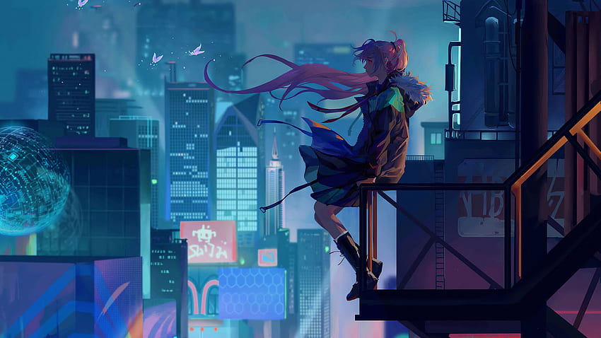 Cidade Anime Girl Alone, Anime Girl Alone Light papel de parede HD