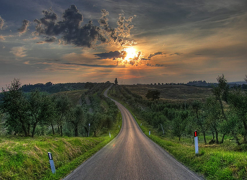 Sienna Hills Sunset, road, nature, hills, sunset HD wallpaper