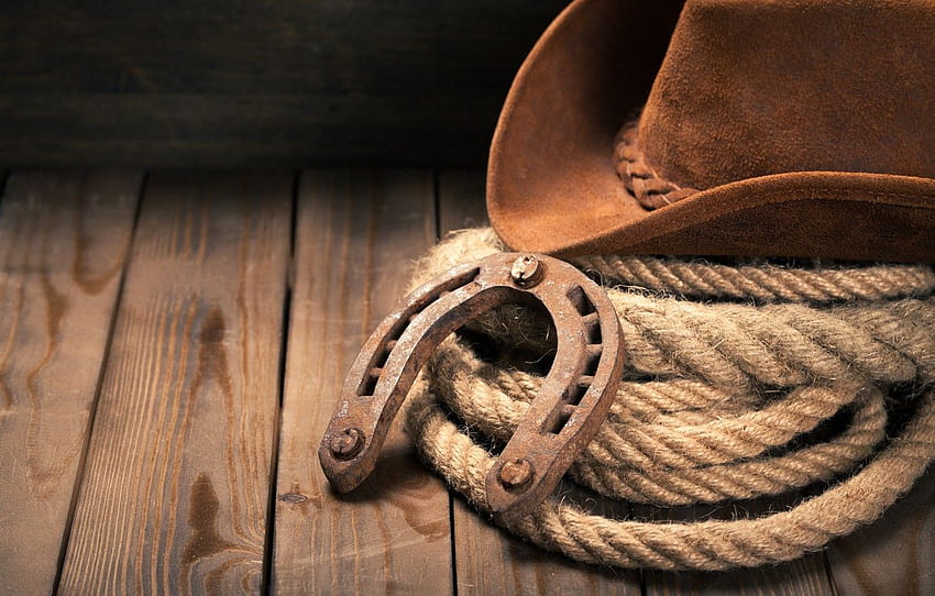 cappello, pavimento in legno, ferro di cavallo, cappello da cowboy per , sezione стиль Sfondo HD
