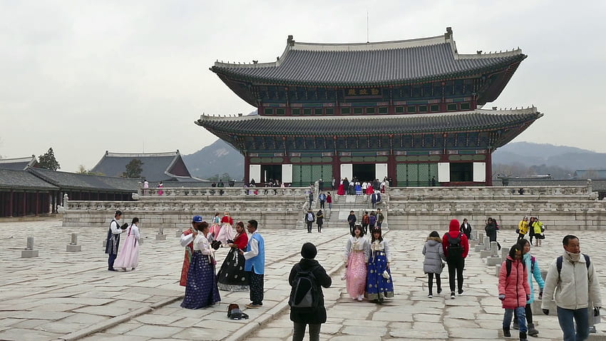 Geunjeongjeon, the main throne hall of Gyeongbokgung Palace. Korean monument, landmark, old building, historic site, UNESCO World Heritage Site. Seoul, South Korea, Asia Stock Video Footage, Korea Castle HD wallpaper