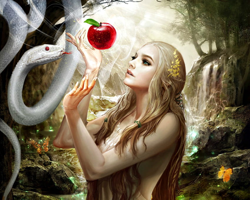Godaan, ular, putih, gadis, fantasi, merah, buah, permainan, apel, legenda cryptids, luminos Wallpaper HD