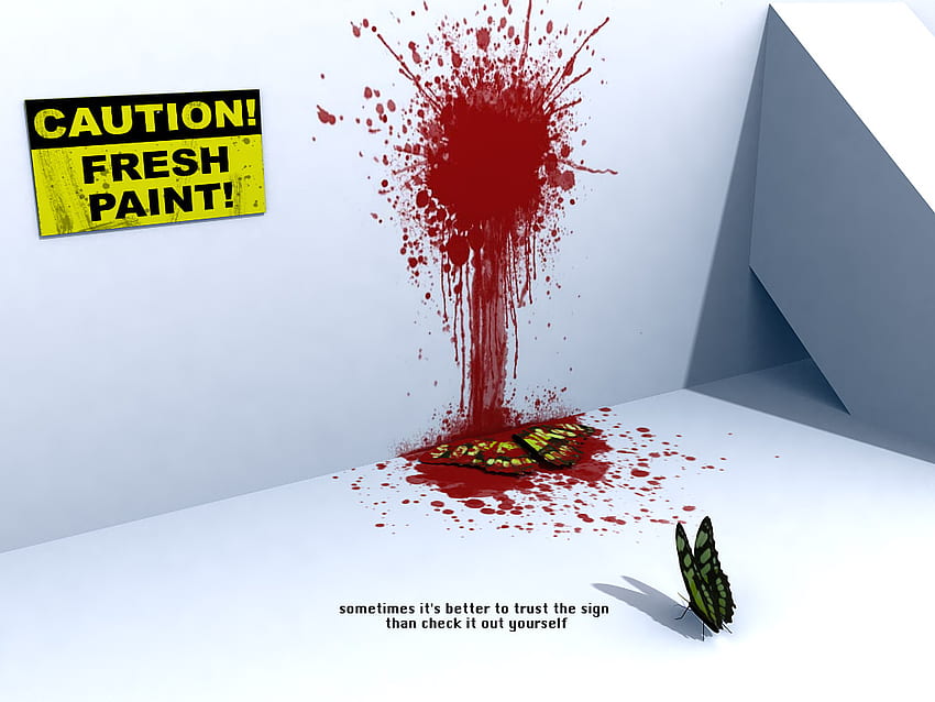 Caution Fresh Paint, butterflies, caution, butterfly, blood, speed HD wallpaper