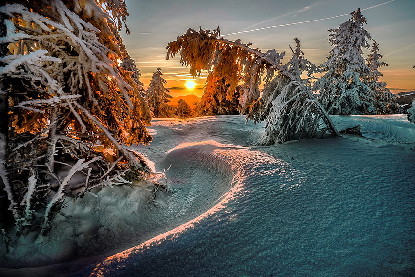 Winter sunset, winter, snow, beautiful, fiery, sunset HD wallpaper