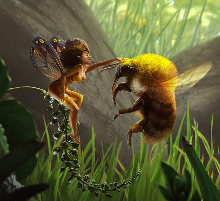 Bee fairy, fairy, fantasy, bee, yellow, green, nell fallcard, girl, insect HD wallpaper