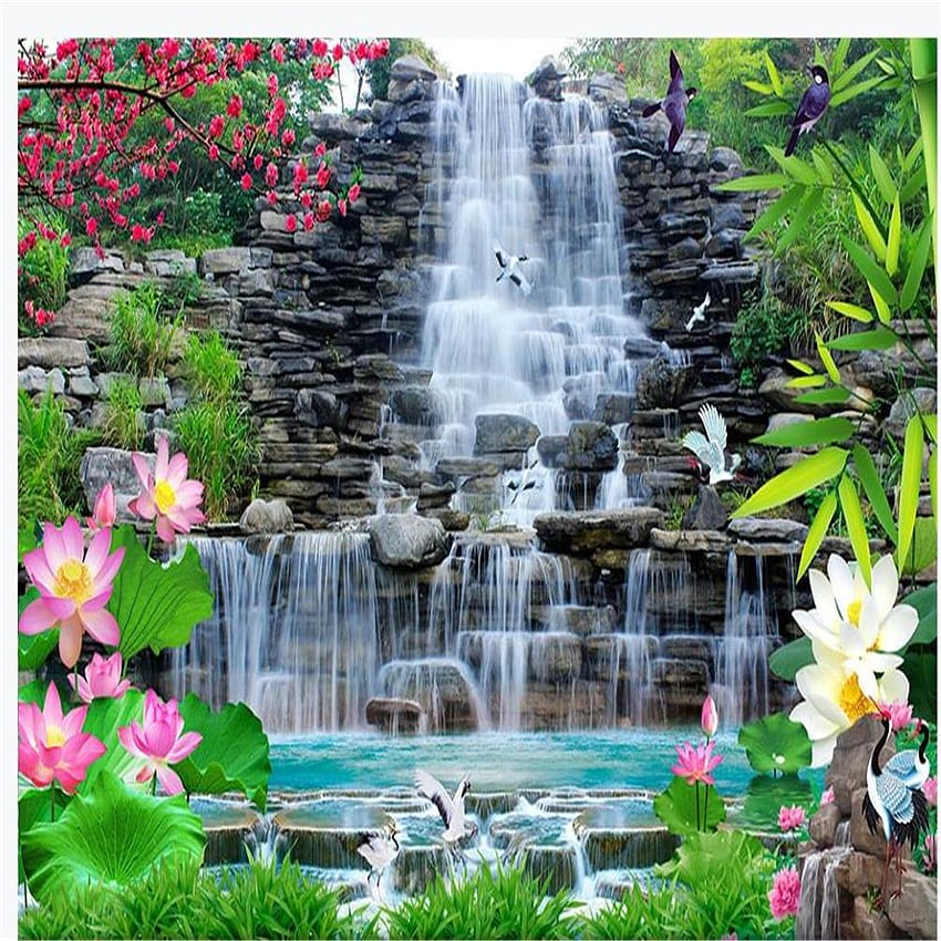 Красив пейзаж Пейзажна Водопад Слива Лотос Бамбук от Catherine198809100, $5,81, Цветен водопад HD тапет за телефон