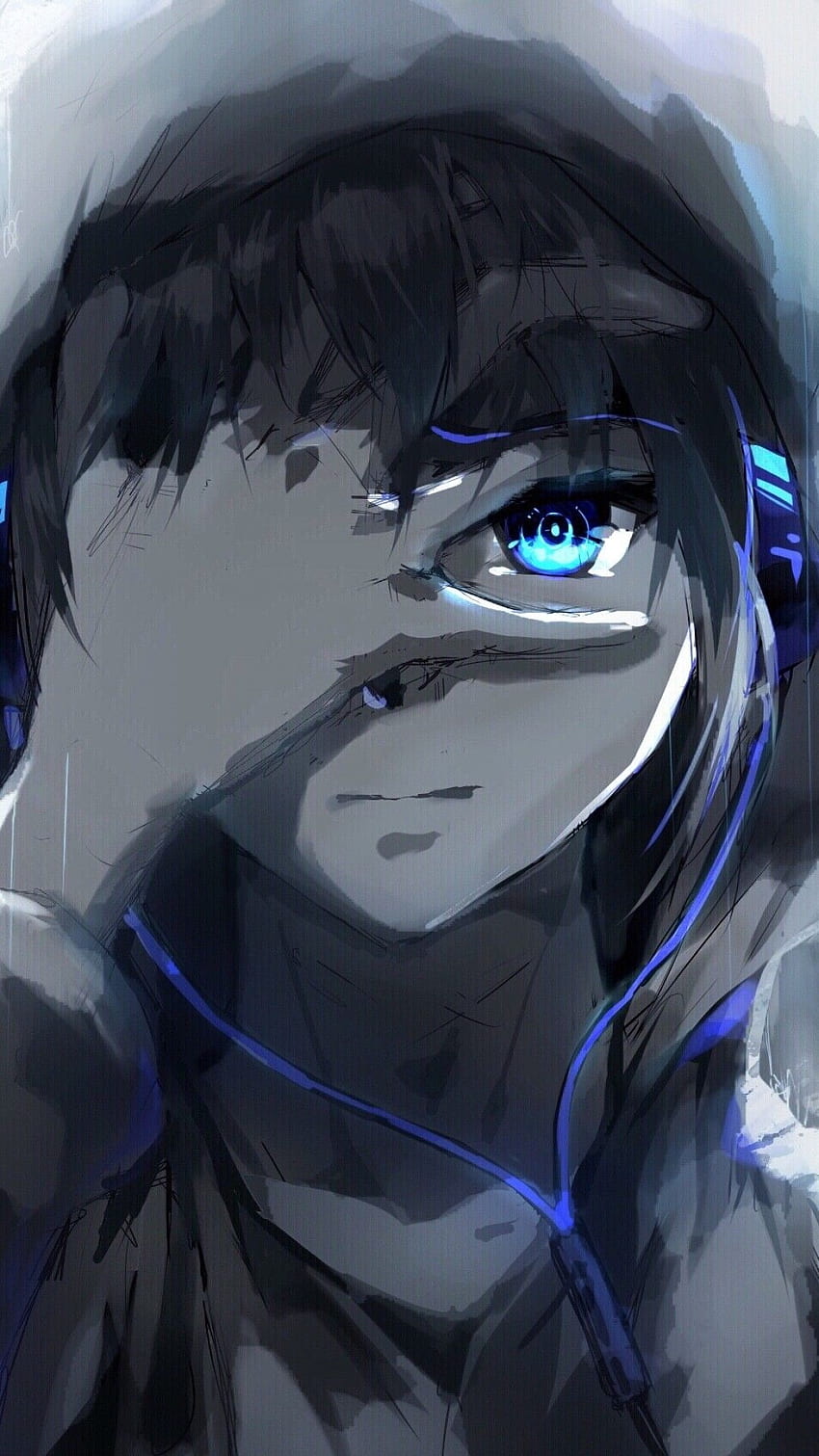Anime Boy, Hoodie, Blue Eyes, Headphones, Painting. Anime boy with headphones, Cool anime guys, Blue anime HD phone wallpaper