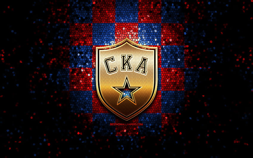 SKA St Petersburg, parıltılı logo, KHL, kırmızı, mavi damalı arka plan, hokey, Continental Hockey League, SKA St Petersburg logo, mozaik sanatı, rus hokey takımı HD duvar kağıdı