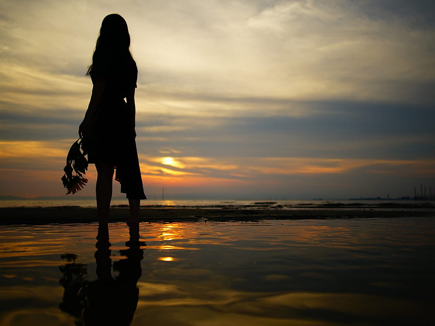 Samotna kobieta, sylwetka, ocean, horyzont, sceniczny dla Ainol Novo 9 Spark Tapeta HD