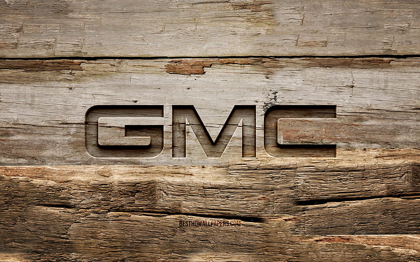 GMC 木製ロゴ, , 木製の背景, 車のブランド, GMC ロゴ, クリエイティブ, 木彫り, GMC 高画質の壁紙