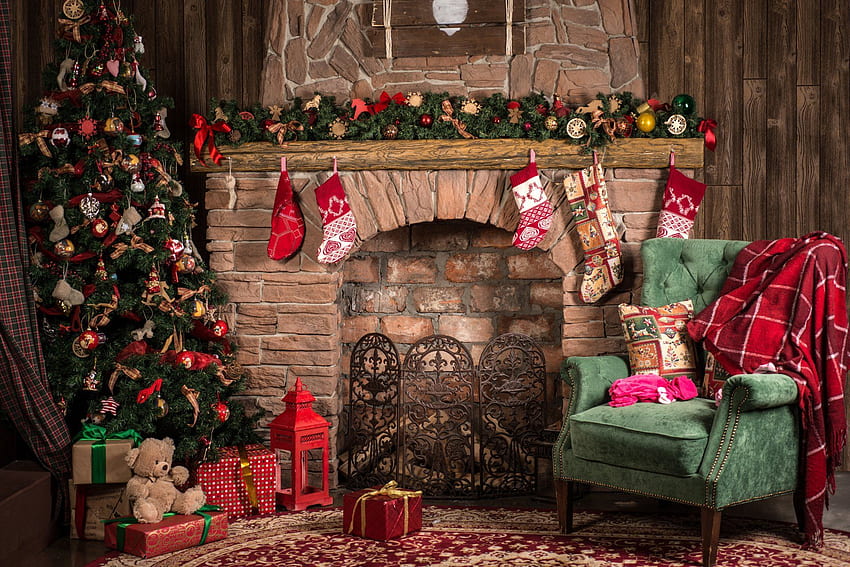Feriado Natal Feriado Árvore de Natal Sala de Estar Lareira Enfeites de Natal Stocki em 2020. Árvore de Natal e lareira, Interiores de Natal, Cenários de Natal papel de parede HD
