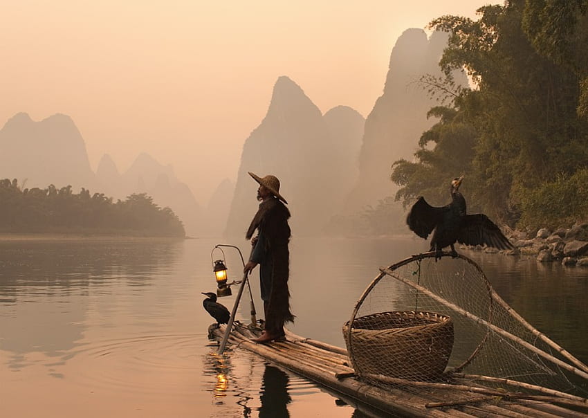 Serenity, fisherman, river, peace, nature HD wallpaper