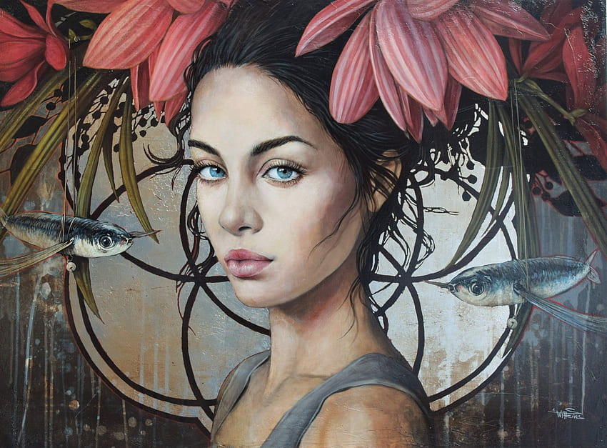 :), pink, art, fantasy, sophie wilkins, flower, face, fish, magnolia, portrait HD wallpaper