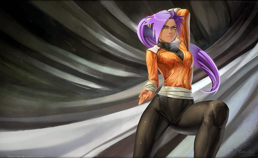 Shihouin Yoruichi, fundo cinza, olhos amarelos, cabelo roxo, yoruichi shihouin, lixívia, anime, olhos de ouro, yoruichi papel de parede HD